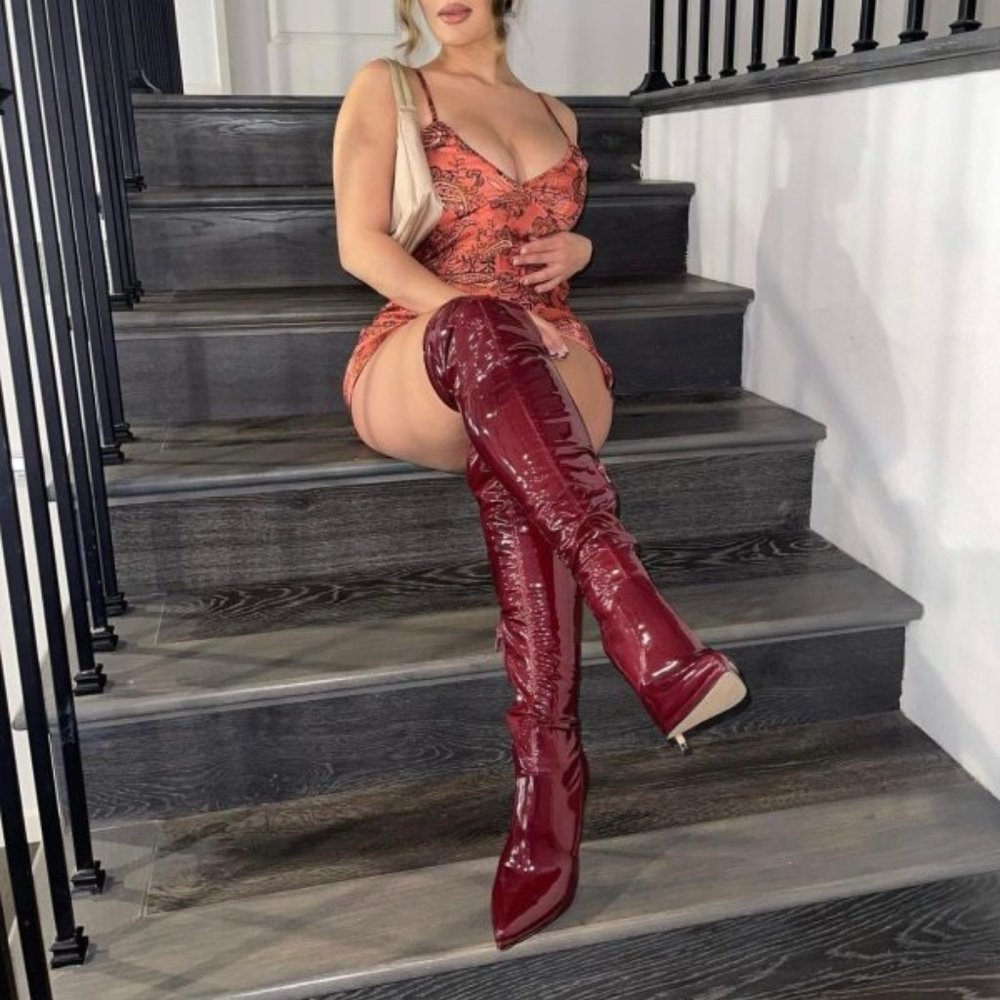🆕 Over The Knee Burgundy Stiletto Boots 8.5 - Picture 8 of 9